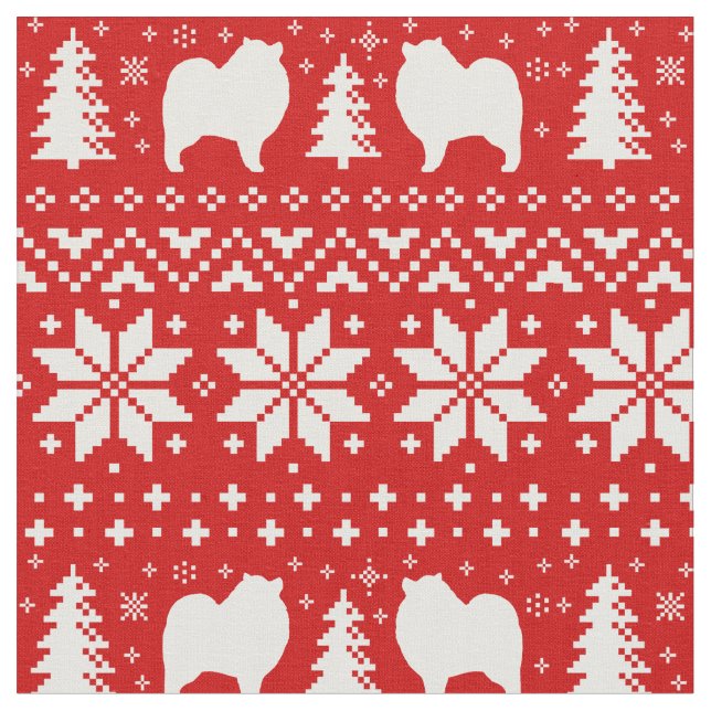 Keeshond Dog Silhouettes Christmas Holiday Red Fabric (Close Up)