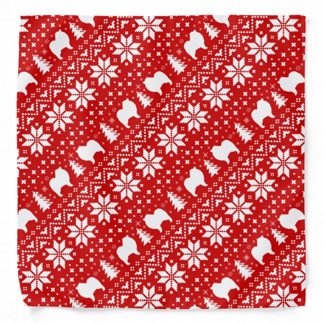 Keeshond Dog Silhouettes Christmas Pattern Red Bandana (Front)