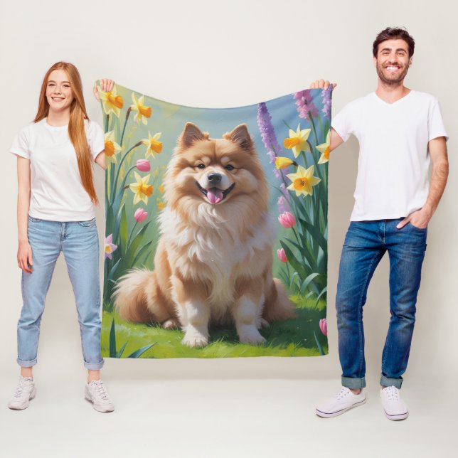 Keeshond Dog Spring Flowers Painting  Fleece Blanket (In Situ)
