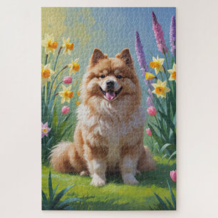 Keeshond Dog Spring Flowers Painting Jigsaw Puzzle