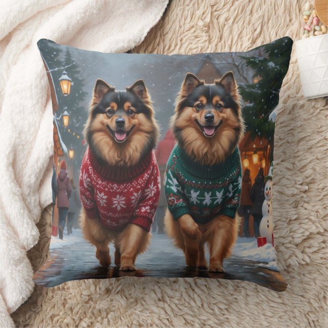 Keeshond Dogs Christmas Snow Holiday Throw Pillow (Blanket)