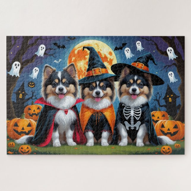 Keeshond Dogs Pumpkin Halloween Funny Jigsaw Puzzle (Horizontal)