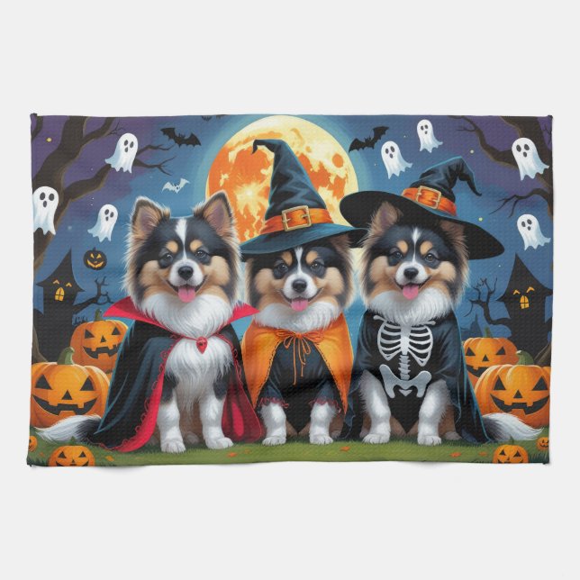 Keeshond Dogs Pumpkin Halloween Funny Kitchen Towel (Horizontal)