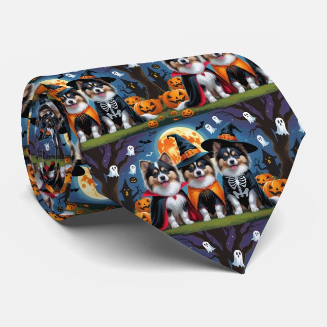 Keeshond Dogs Pumpkin Halloween Funny Neck Tie (Rolled)
