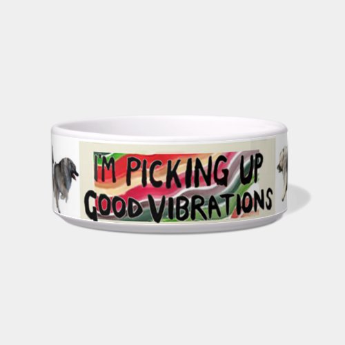 Keeshond food bowl with Good Vibrations logo