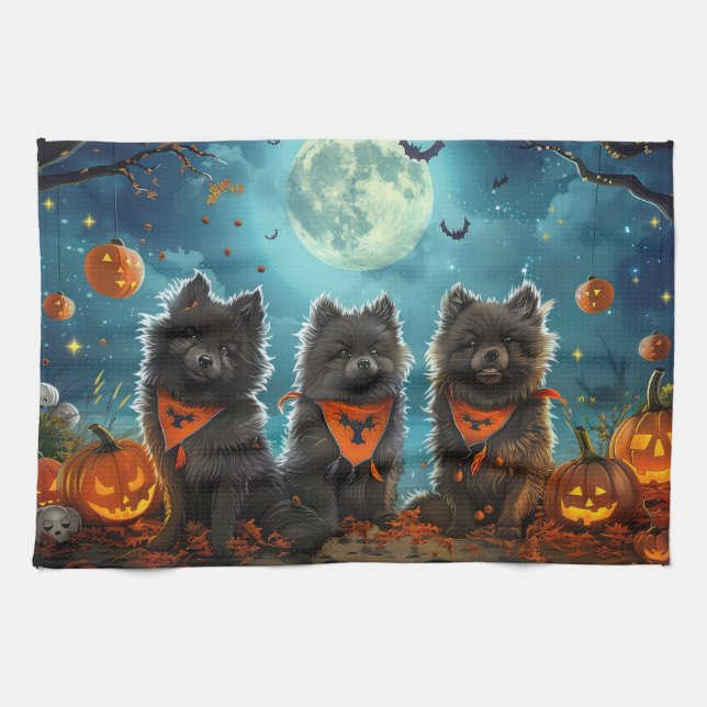 Keeshond Halloween Spooky Kitchen Towel (Horizontal)