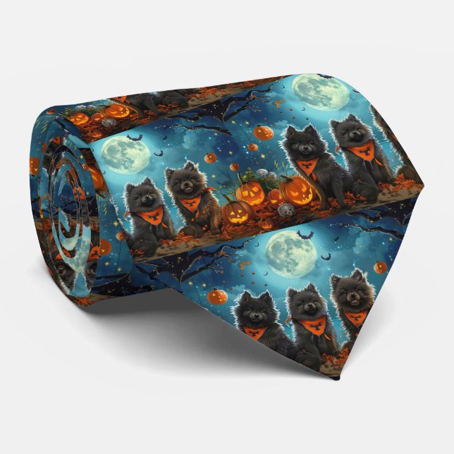 Keeshond Halloween Spooky Neck Tie (Rolled)