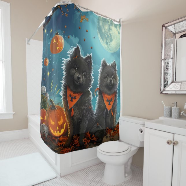 Keeshond Halloween Spooky Shower Curtain (In Situ)