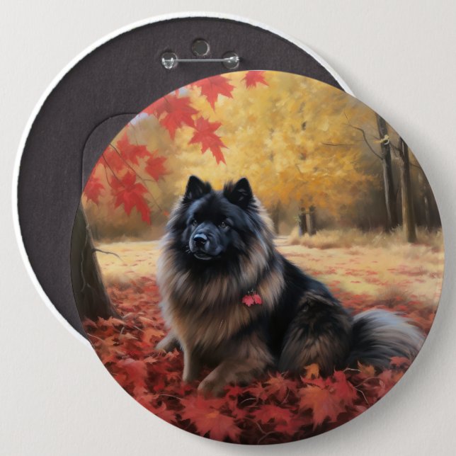 Keeshond in Autumn Leaves Fall Inspire  Button (Front & Back)