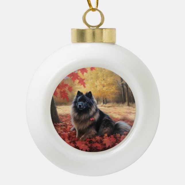 Keeshond in Autumn Leaves Fall Inspire  Ceramic Ball Christmas Ornament (Front)