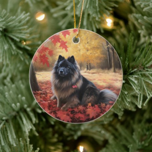 Keeshond in Autumn Leaves Fall Inspire  Ceramic Ornament