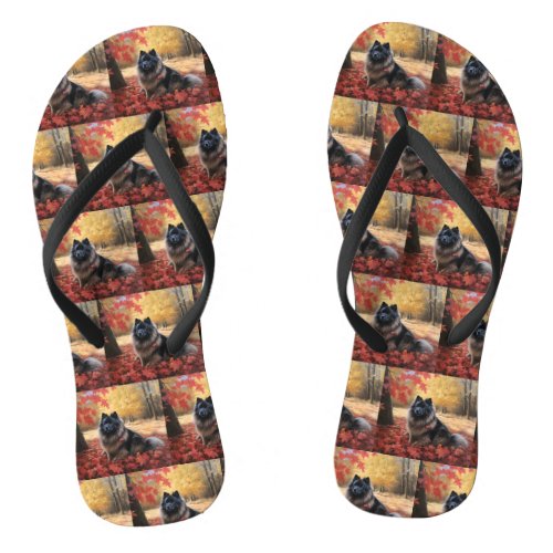 Keeshond in Autumn Leaves Fall Inspire  Flip Flops