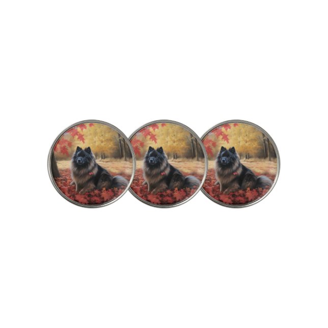 Keeshond in Autumn Leaves Fall Inspire  Golf Ball Marker (3 Up)