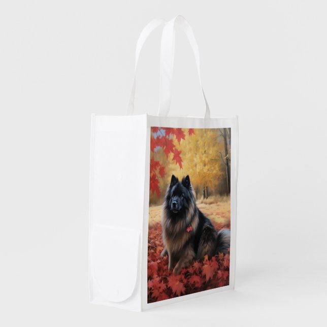 Keeshond in Autumn Leaves Fall Inspire  Grocery Bag (Front Side)