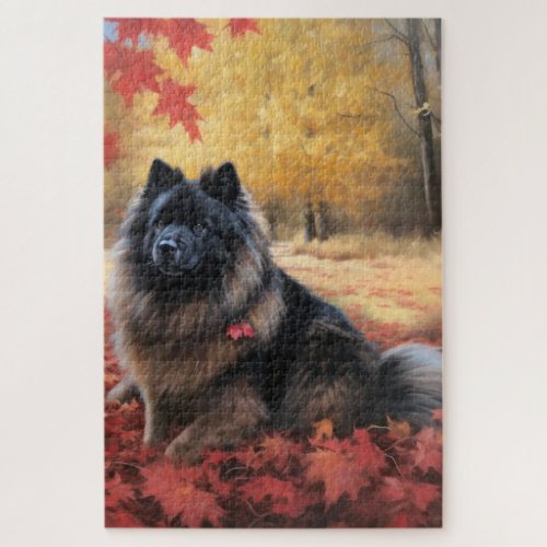 Keeshond in Autumn Leaves Fall Inspire  Jigsaw Puzzle