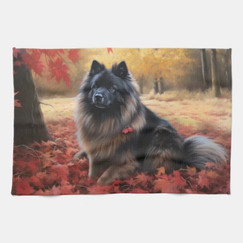 Keeshond in Autumn Leaves Fall Inspire  Kitchen Towel