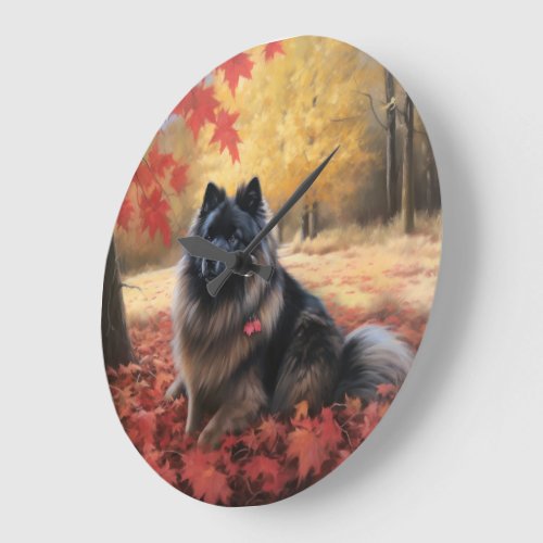 Keeshond in Autumn Leaves Fall Inspire  Large Clock