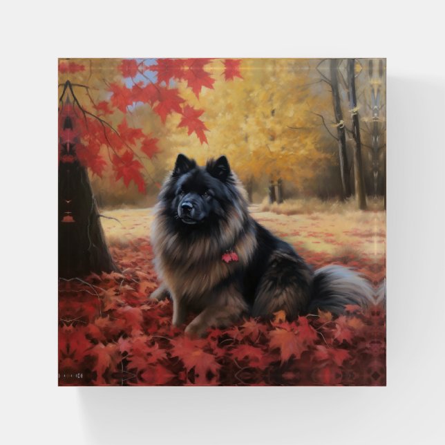 Keeshond in Autumn Leaves Fall Inspire  Paperweight (Front)