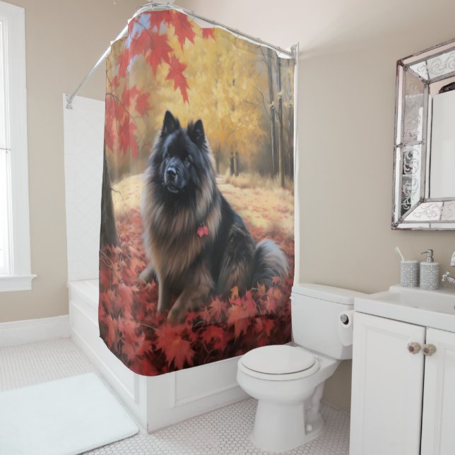 Keeshond in Autumn Leaves Fall Inspire  Shower Curtain (In Situ)