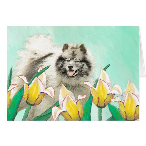 Keeshond in Tulips Painting Cute Original Dog Art