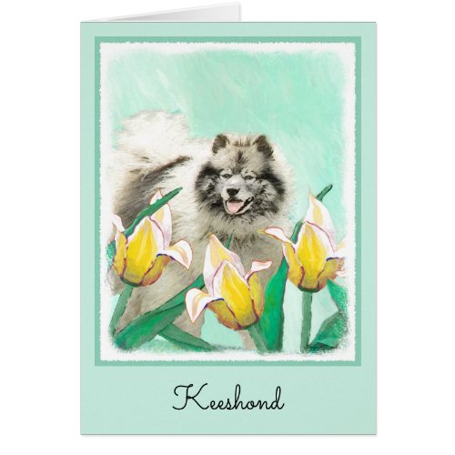 Keeshond in Tulips Painting Cute Original Dog Art