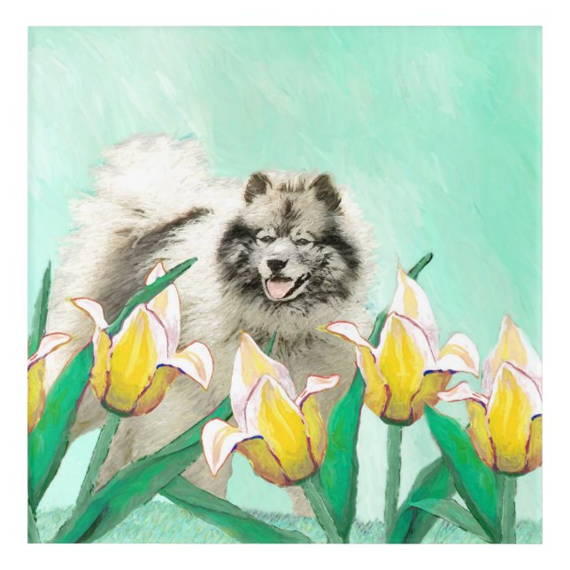 Keeshond in Tulips Painting Cute Original Dog Art (Front)
