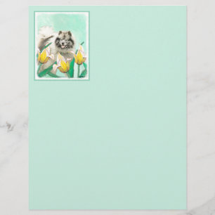 Keeshond in Tulips Painting Cute Original Dog Art