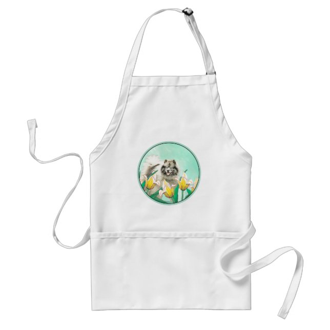 Keeshond in Tulips Painting Cute Original Dog Art Adult Apron (Front)