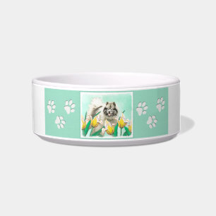 Keeshond in Tulips Painting Cute Original Dog Art Bowl