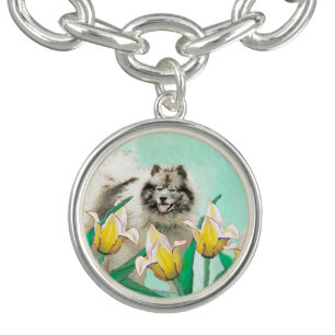 Keeshond in Tulips Painting Cute Original Dog Art Bracelet