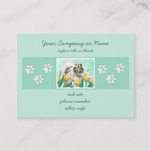Keeshond in Tulips Painting Cute Original Dog Art Business Card (Front)