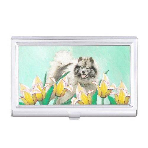 Keeshond in Tulips Painting Cute Original Dog Art Business Card Case