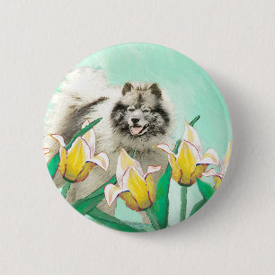 Keeshond in Tulips Painting Cute Original Dog Art Button