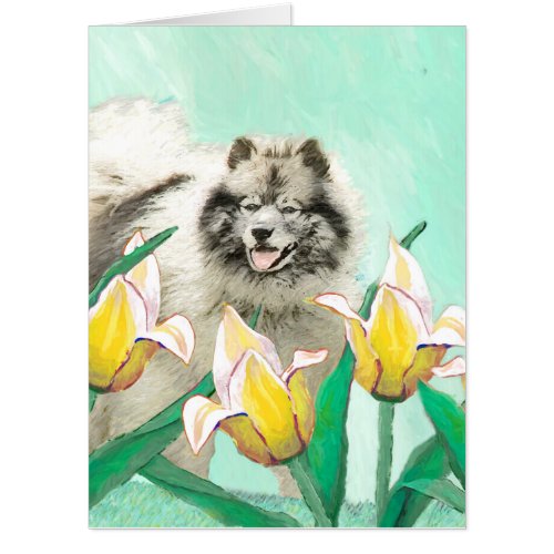Keeshond in Tulips Painting Cute Original Dog Art Card