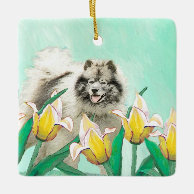Keeshond in Tulips Painting Cute Original Dog Art Ceramic Ornament (Front)