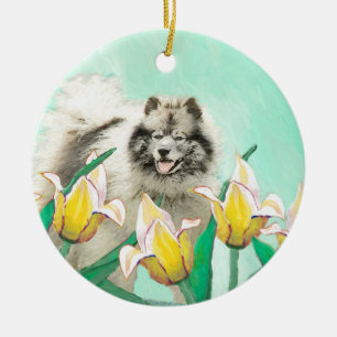 Keeshond in Tulips Painting Cute Original Dog Art Ceramic Ornament