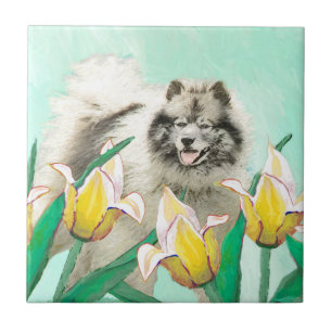 Keeshond in Tulips Painting Cute Original Dog Art Ceramic Tile