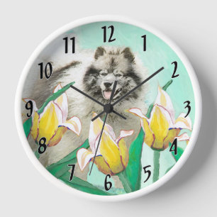 Keeshond in Tulips Painting Cute Original Dog Art Clock