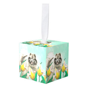 Keeshond in Tulips Painting Cute Original Dog Art Cube Ornament