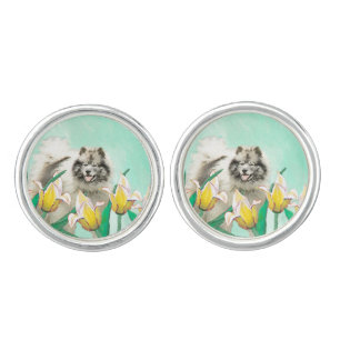 Keeshond in Tulips Painting Cute Original Dog Art Cufflinks