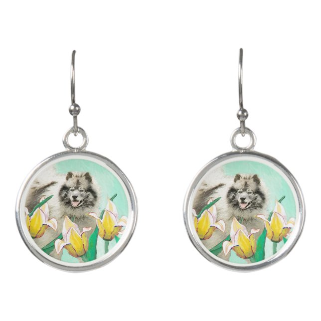 Keeshond in Tulips Painting Cute Original Dog Art Earrings (Front)