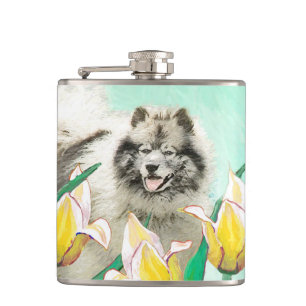 Keeshond in Tulips Painting Cute Original Dog Art Flask