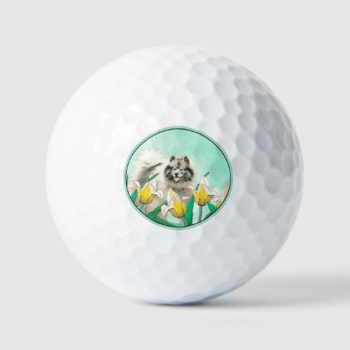 Keeshond in Tulips Painting Cute Original Dog Art Golf Balls
