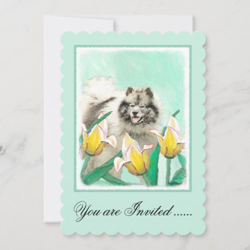 Keeshond in Tulips Painting Cute Original Dog Art Invitation