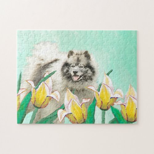 Keeshond in Tulips Painting Cute Original Dog Art Jigsaw Puzzle