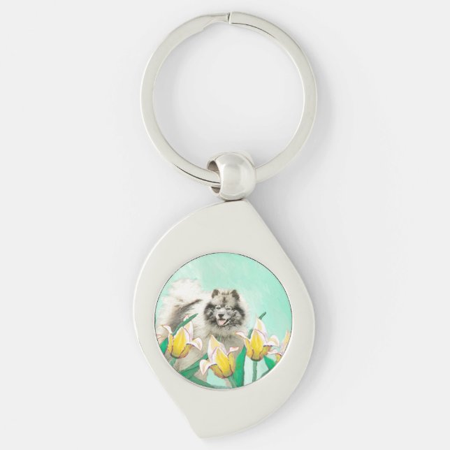 Keeshond in Tulips Painting Cute Original Dog Art Keychain (Front)