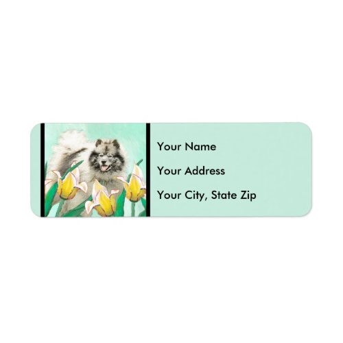 Keeshond in Tulips Painting Cute Original Dog Art Label