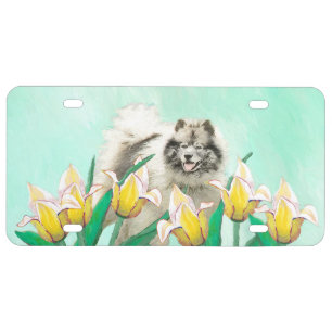 Keeshond in Tulips Painting Cute Original Dog Art License Plate