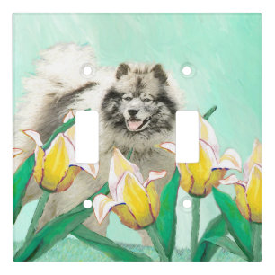 Keeshond in Tulips Painting Cute Original Dog Art Light Switch Cover