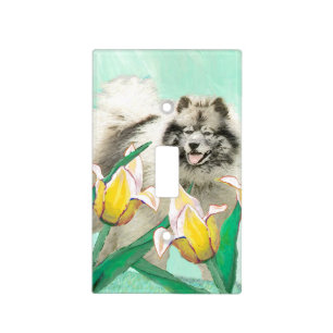 Keeshond in Tulips Painting Cute Original Dog Art Light Switch Cover